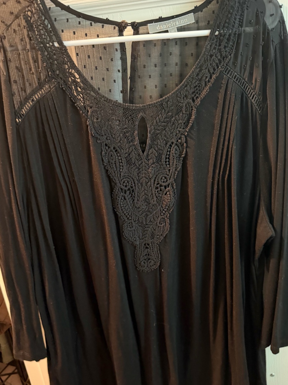 Daniel Rainn Black Crochet-Front Sheer Yoke Top